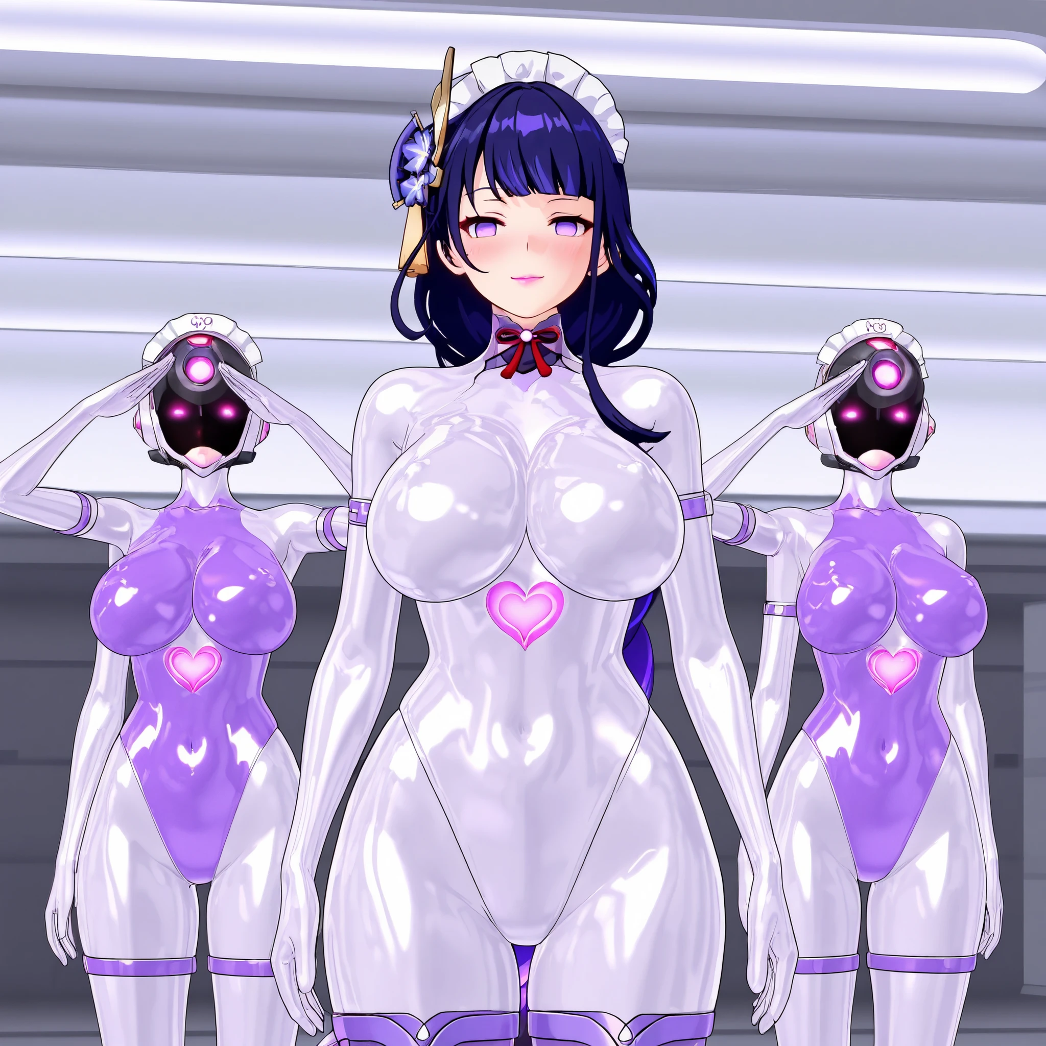 Raiden-Shogun,excessive heart,(in heat,smirk,blush,puffy lips, lipstick,close mouth,robot_girl,mecha musume,),(,empty eyes),(busty,glamorous,big hips,),(,purple latex,maid,body latex,white latex,elbow gloves,),(standing at attention,salute,arms at sides,hands at sides,solo,looking viewer,),close-up shot,