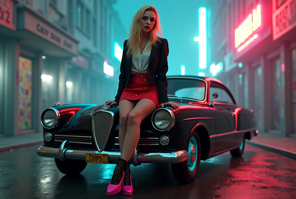 Retro sexy blonde  young girl, white skin, Black tea jacket, blouse, red skirt, black lace tights, pink high-heeled shoes, Sitting on the hood of the car Pegasus 1950 glossy black, wheels phosphorescent electric blue, a street wet, Fog on the street Makeup, Gradient Hair Color, buildings, starry night Cinematic lighting, semitone, Chiaroscuro, UHD, Very detailed, high quality, The best quality, Post-apocalyptic world alley, Underworld laser rays, Cloudy skies and fogs Big breasts,  breasts, Imax Cinematic lighting, bright light,  Overexposure, high quality, Cyberpunk Big Breasts,  breasts, UHD, from above, Suburb Makeup,  Top teeth , Blush all over the face, red lips, Blushing ears, niebla electrica , shoulder-length fireworks, Neon graffiti, Light on the face 