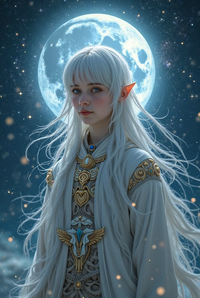 A young Shaman with white hair in the background of the full moon and the stars 