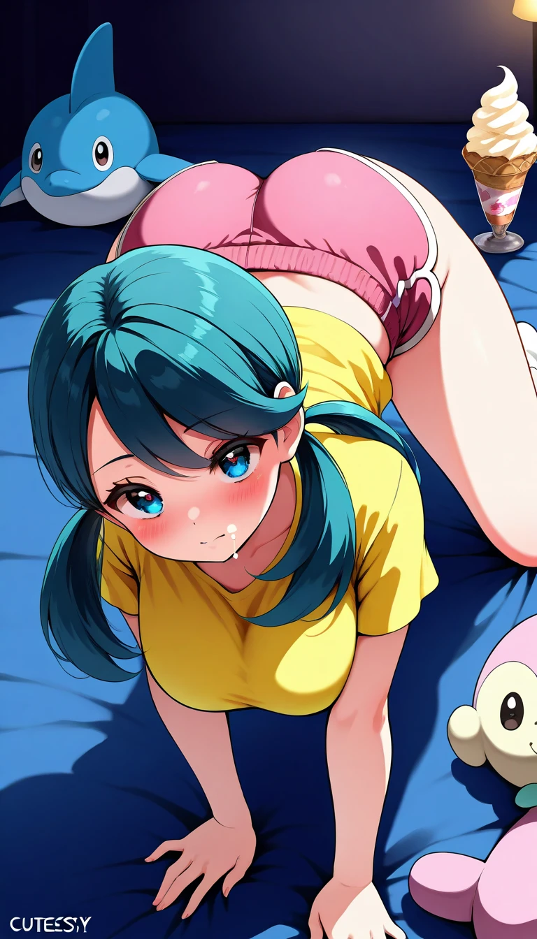 detailed digital art, slim girl, hair is in two pigtails, middle sized breast, mini skirt, visible panty ((green White striped)), high kneesocks, laying on her back, legs wide spread, horny Look, only underwear