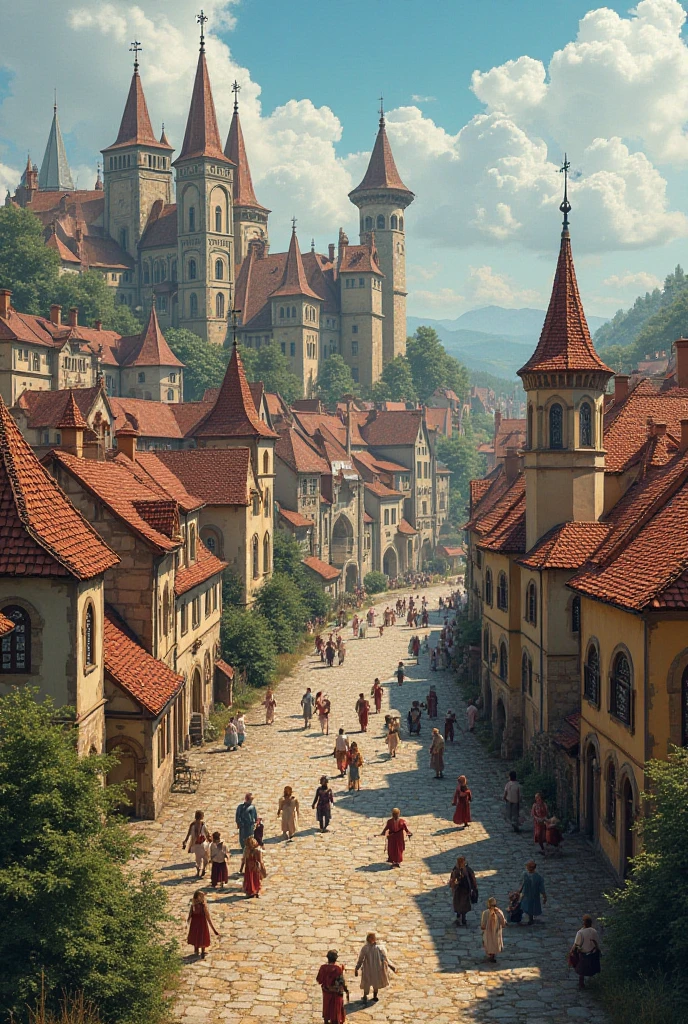 Here's an ideal prompt for generating an image based on the provided words:

"Create a vibrant and detailed medieval town scene that embodies the essence of urbanization, featuring a magistrate's building, a bustling town hall, and diverse religious structures including a mosque, a Catholic church, a synagogue, and an Orthodox church. Incorporate Gothic and Romanesque architectural styles with intricate stained glass windows and frescoes. Include elements that represent cultural diversity, such as the presence of various communities like the Rusyns, Belarusians, and Lithuanians, showcasing their unity in origin and self-identity. The scene should reflect a rich tapestry of history, with references to legal traditions like Magdeburg law and the Krevian Union, emphasizing themes of tolerance and coexistence among different confessions. Capture the essence of the town's lively atmosphere, with people engaged in daily activities, surrounded by historical landmarks like castles and miniature representations of local heritage."