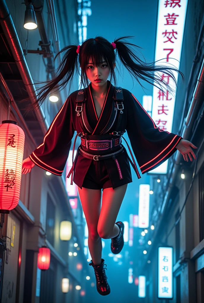 Dynamic overhead shot, slightly tilted to emphasize vertical motion  
A Japanese girl wearing a modern cyberpunk kimono-style outfit is suspended mid-air in a neon-lit vertical alleyway, as if falling or floating slowly. Her outfit is composed of a short kimono jacket layered with utility straps, glowing trim, a digital-patterned obi, and armored boots — all reflecting red and blue neon light. Her black twin tails are tied with LED-lit ribbons and drift upward due to motion. Her eyes are half-lidded in a serene, dreamlike expression, and one hand is loosely reaching forward as if caught in a silent moment.  
Photorealistic digital art  
Ultra-high resolution, soft atmospheric glow, glowing fabric edges, drifting hair and sleeves, cinematic depth of field  
Inspired by Ghost in the Shell, Blade Runner Tokyo, and cyberpunk falling scenes from anime  
Background: towering cyberpunk buildings with glowing vertical signage in kanji, suspended power lines, floating lanterns, and alleyway mist. Light reflects on wet walls and cables that stretch into darkness below  
Main color theme: black and crimson with neon cyan and pink highlights  
Lighting from paper lanterns above, soft blue neon from the side, and cool glow from below, casting rim lighting along her outline  
Photorealistic, ultra detailed, cinematic sci-fi fantasy with traditional Japanese accents, HDR rendering, best image:1.5