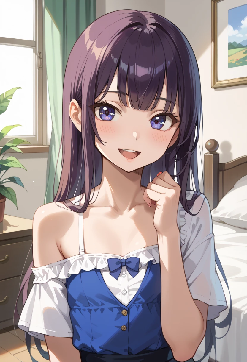 ((8K, Best Quality, masterpiece, Highly detailed)),{{{NSFW}}},Semi-realistic illustrations,Mejiro McQueen \(umamusume\),{1 girl,beautiful girl,cute,smile,kawaii, lovely,blushing,playful expression},sharp focus,oily skin,beautiful detailed hair,glossy hair,(wear school uniform:1.5),(two nipples slip from school uniform:1.2)(NSFW),erection-of-nipples,(lying on the bed:1.2),wear long school skirt,perfect two legs,(spread two legs:1.2),(show-off-white-panties:1.3),five fingers,large breaths,wear black pantyhose,beautiful detailed eyes,jewel like eyes,violet eyes, (two hands behind head:1.1),open mouth,armpits, solo,beautiful navel, looking at viewer,collarbone,earring