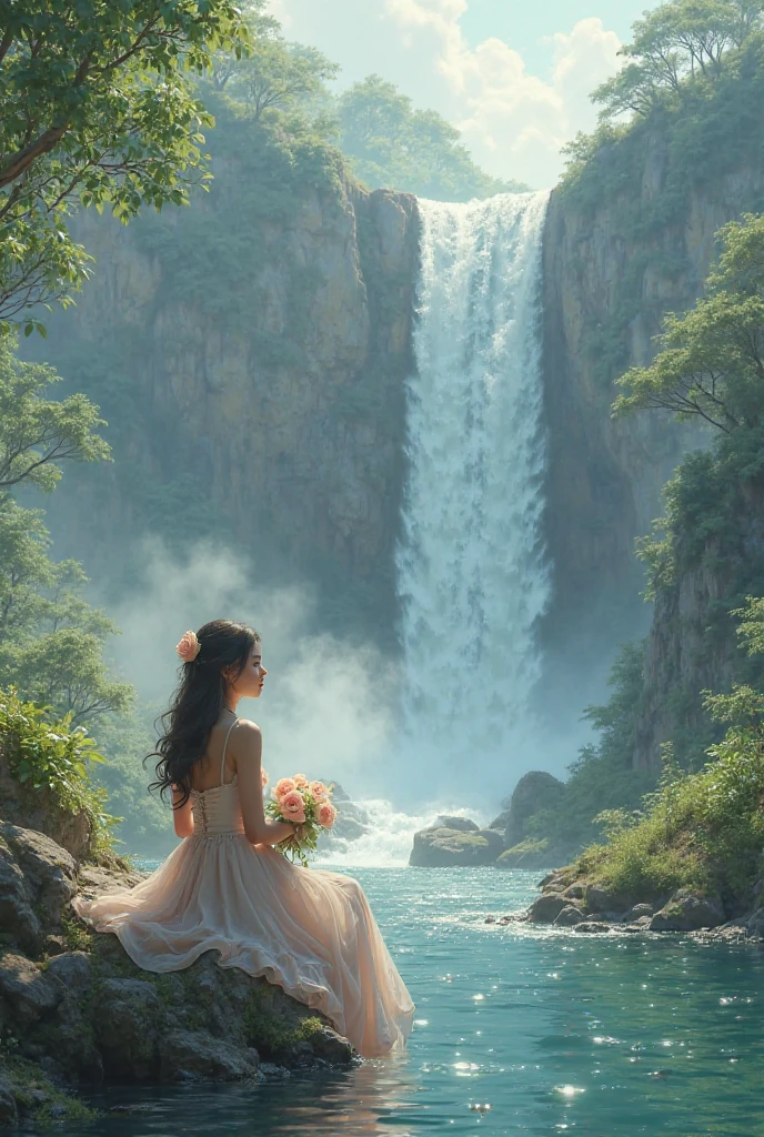 The trvaling  wommen holding  roses  and sitting near the waterfall 