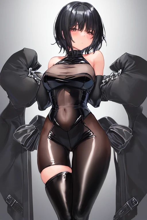 Japanese、woman,Black Hair、short hair、Married Woman、Big Lips、Visible nipples、Large size breasts、L Cup Breasts、Painful face、patience、forward leaning posture、刑務所に排尿するwoman、incontinence、Black tight dress、Japanese style dress、Squat positions、Spread your legs、Electric shock、Sweat、High heels、Grit your teeth、Front of the body、bondage、Suppressed、Exposed armpits、Hands tied with chains