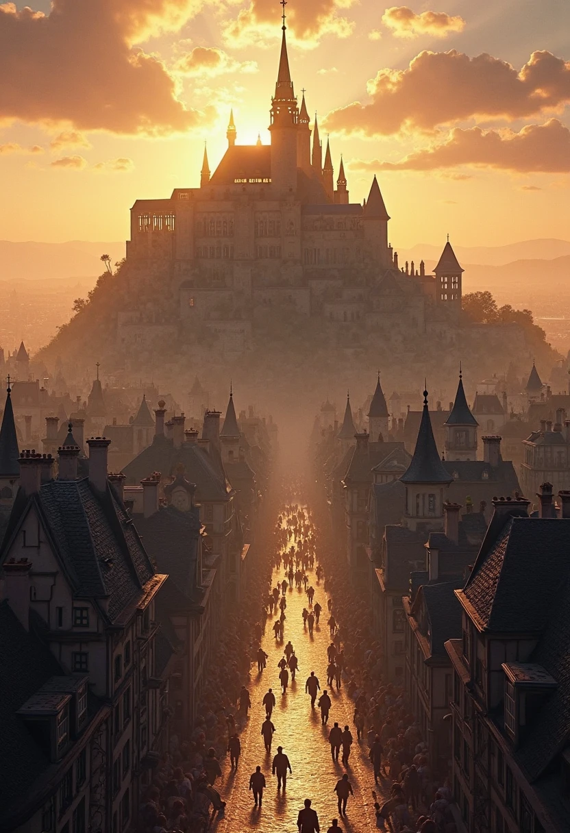 A City. 18th century. Big Castle in the Background in a hill next to the City. Evening. Dawn. Orange sunlighd