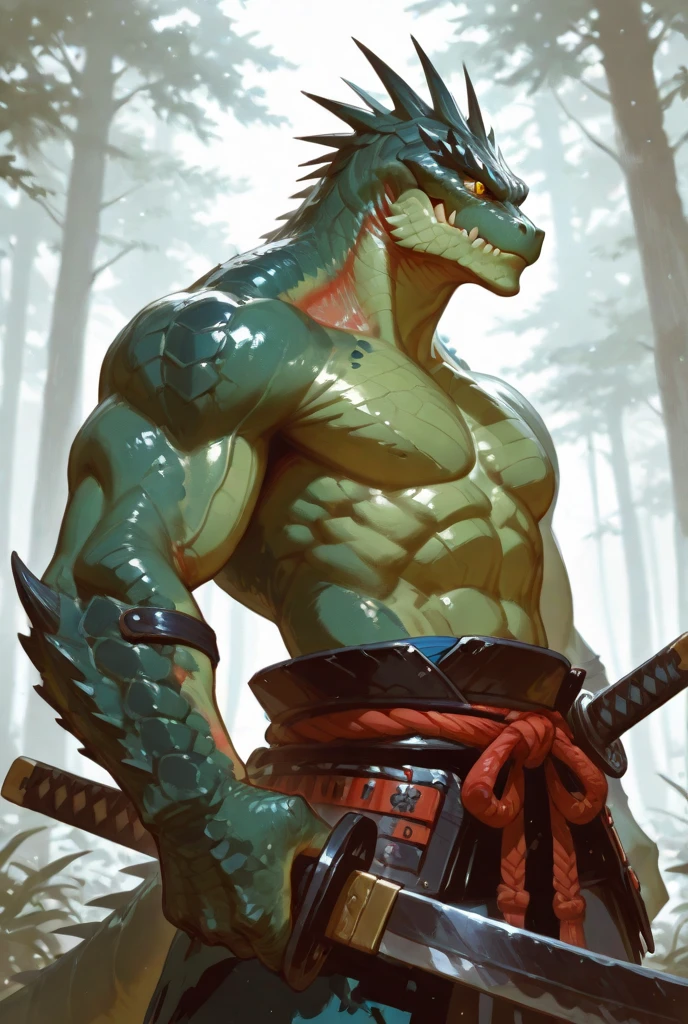sweating a lot,muscular,Topless,Thatched houses in the crocodile tribe,hairy,personification,chest hair,Serious face(scars in the face) Mature (blue eyes)Huge muscle ripped abs wild, Crocodile with tribal ambition holding wooden spear
