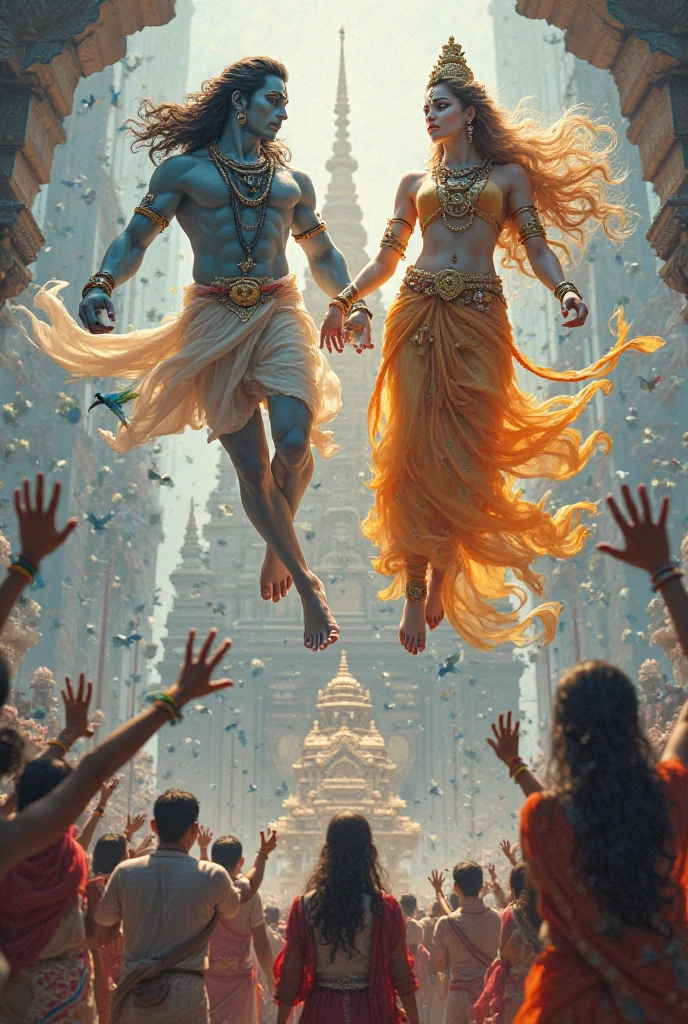 Lord krishna and shiva saving 40 years old women from a swallowed and big manhole near masjid india kuala lumpur Malaysia. Guarded dogs, firefigjters, the husband in green shirt and son in white shirt standing near and crying in happy tears 