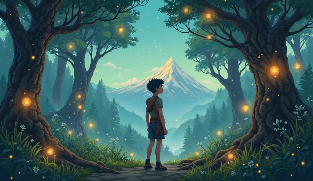 Atmosphere: Calm, yet full of intrigue. The character, an Earthling, stands in a lush forest with glowing mystical lights. There's a feeling of ancient power that echoes through the trees. The sky above is filled with drifting stars.
Prompt: "A young Earthling with short dark hair, wearing simple but rugged clothes, stands in a serene mystical forest. Magical fireflies float around him, casting a warm glow. The forest is ancient, with towering trees and hidden glowing symbols on the trunks. The atmosphere feels peaceful yet full of latent power. The air is cool, with a soft mist. The Earthling looks up, awestruck, as a distant mountain peak rises in the background, hinting at their epic journey ahead. The color palette is a mix of greens, blues, and soft purples, evoking a nostalgic, fantasy-adventure vibe."