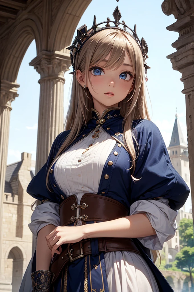 ((masterpiece)), ((best quality)), (ultra-detailed), ((kawaii)), cute, ((extremely detailed)), 4K, (8K), best quality, (beautiful), illustration, fantasy world, upper body, spread arms:1.2, a pretty woman, solo, charming, (medieval wizard), wizard costume, castle, romanesque architecture, evening, beautiful gray hair, (beautiful hair), beautiful deep blue eyes, ((beautiful eyes)), ((light brown-skinned)), cool,