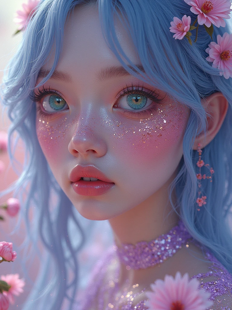 ((masterpiece)). This artwork is sweet, dreamy and ethereal, with soft pink watercolor hues and candy accents. Generate a delicate and demure fae exploring a (bubblegum world with a wide variety of pastel shades). Her sweet face is extremely detailed and realistic with elegant features and a fierce expression, and looks like ((((naomi scott)))). Include mature features and stunning, highly realistic eyes. Her eyes are important and should be realistic, highly detailed, and beautiful. In high definition and detail, include lots of details like stars, galaxies, colorful bubbles, colorful petals, and lots of energy and emotion! The stars and colorful bubblegum bubbles are important! Include fantasy details, enhanced details, iridescence, colorful glittering wind, and pollen. Pay special attention to her face and make sure it is beautifully and realistically detailed. The image should be dreamy and ethereal.8k, intricate, elegant, highly detailed, majestic, digital photography