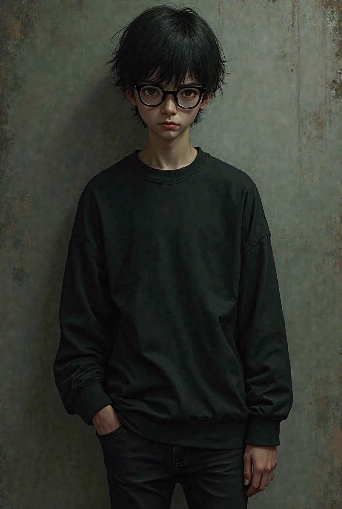 Emo black-haired boy with tall black glasses wearing black jeans and a black sweatshirt 