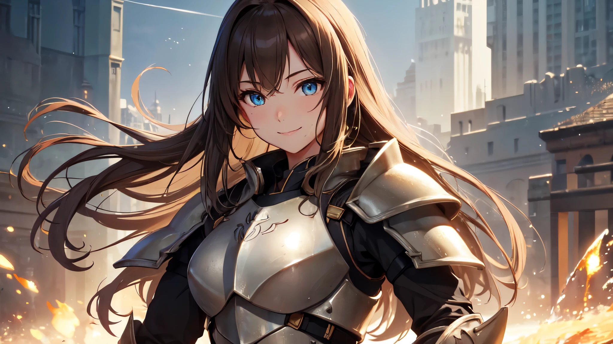 masterpiece, best quality, high resolution, (valkyrie armor knight pleated skirt), red cloak, gauntlets, bangs, long hair, light brown hair, blue eyes, drooping eyes, big eyes, high school student, reaching out, laugh, grassland, lens flare, cowboy shot, hair ornaments