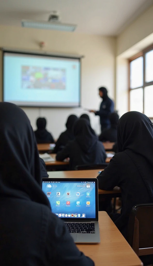 BCA Students Sitting in Computer lab and girls wearing hijab and also with boys at least 30 students 