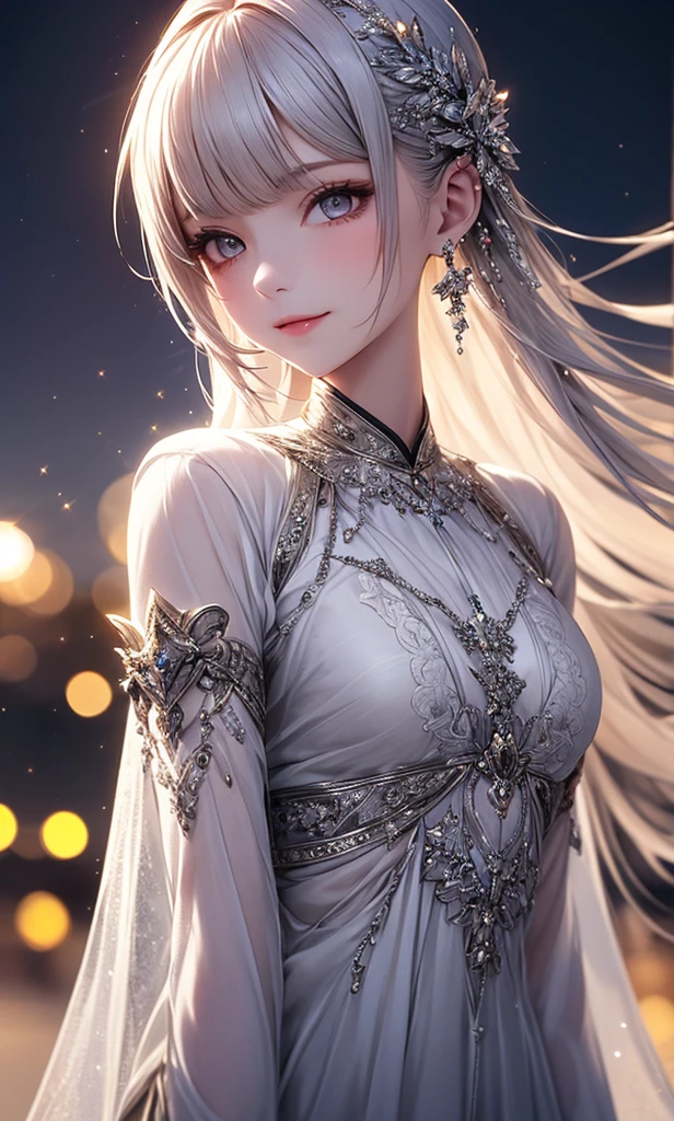 (masterpiece),(4K),High Quality,(small breasts),1 girl, Long Silver Hair ,pale skin,smile, beautifully detailed grey eyes, ( high-definition and elegant ),( white cape let fashion), magical colors and vibes, detailed skin from sleeve to chest,(Cute sparkle), light particles, The background is softly blurry ,Add a dramatic and iconic element to your scene, description boundary ahead of the large end, Bokeh, Silky to the touch , see-through silk, soft, lightweight garment、beautiful and neat face、The chest silhouette can be seen through、 hyper details,creates a dreamy and elegant atmosphere
