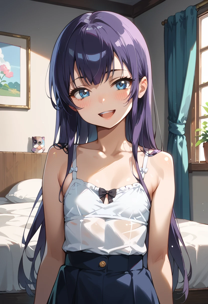 ((top quality)), ((masterpiece)), (be familiar with), perfect face, indoor, bedroom, Watching Viewers,
One woman, Saeko Tokushima,
open mouth, ecstatic expression, blush, smile,
small , flat chest, Young girl, lori, ren, girl,
long hair, long hair,
opening,
