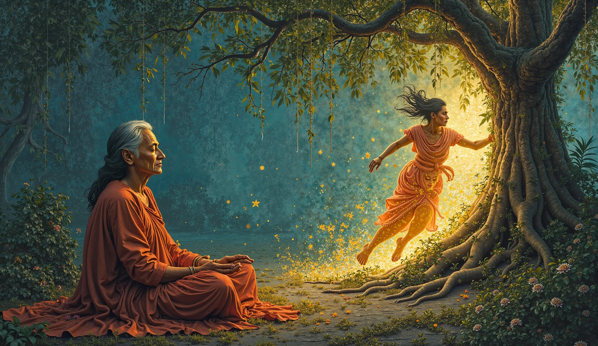 "A mystical Tanjore-style painting showing the midwife's divine meditation during the crisis. Her aged form sits perfectly still under the sacred banyan tree, eyes closed in deep trance while her astral projection manifests above - a glowing younger version of herself rushing through the jungle with supernatural speed. The physical and spiritual realms intersect: her meditation shawl remains motionless in the earthly plane while her spirit-hands already gather medicinal plants in the unseen world."  

Key Details:  
1. Physical Realm:  
   - Wrinkled hands in precise Chinmudra (knowledge gesture)  
   - Unmoving medicinal staff with cobra now coiled in protection  
   - Faint glow of the distant tragedy reflecting on her still face  

2. Astral Realm:  
   - Youthful spirit-form running with herbs glowing in her hair  
   - Feet not touching the ground, leaving golden Tamil letters "விரைவு" (hurry)  
   - Shadow stretching unnaturally toward the birth site  

3. Sacred Intersection:  
   - Tree roots forming a -like enclosure around her body  
   - Hanging herbs vibrating at healing frequencies  
   - A single tear crystallizing mid-fall (between worlds)  

Art Style:  
- Kerala mural dynamism in the astral form  
- Gold leaf ONLY on:  
  - Astral projection  
  - Floating Tamil letters  
  - Crystallized tear  
- Hyper-realistic textures of aged stillness  

Lighting:  
- Cool blue light on physical form  
- Golden glow on astral projection  
- The tree itself the bridge between realms  