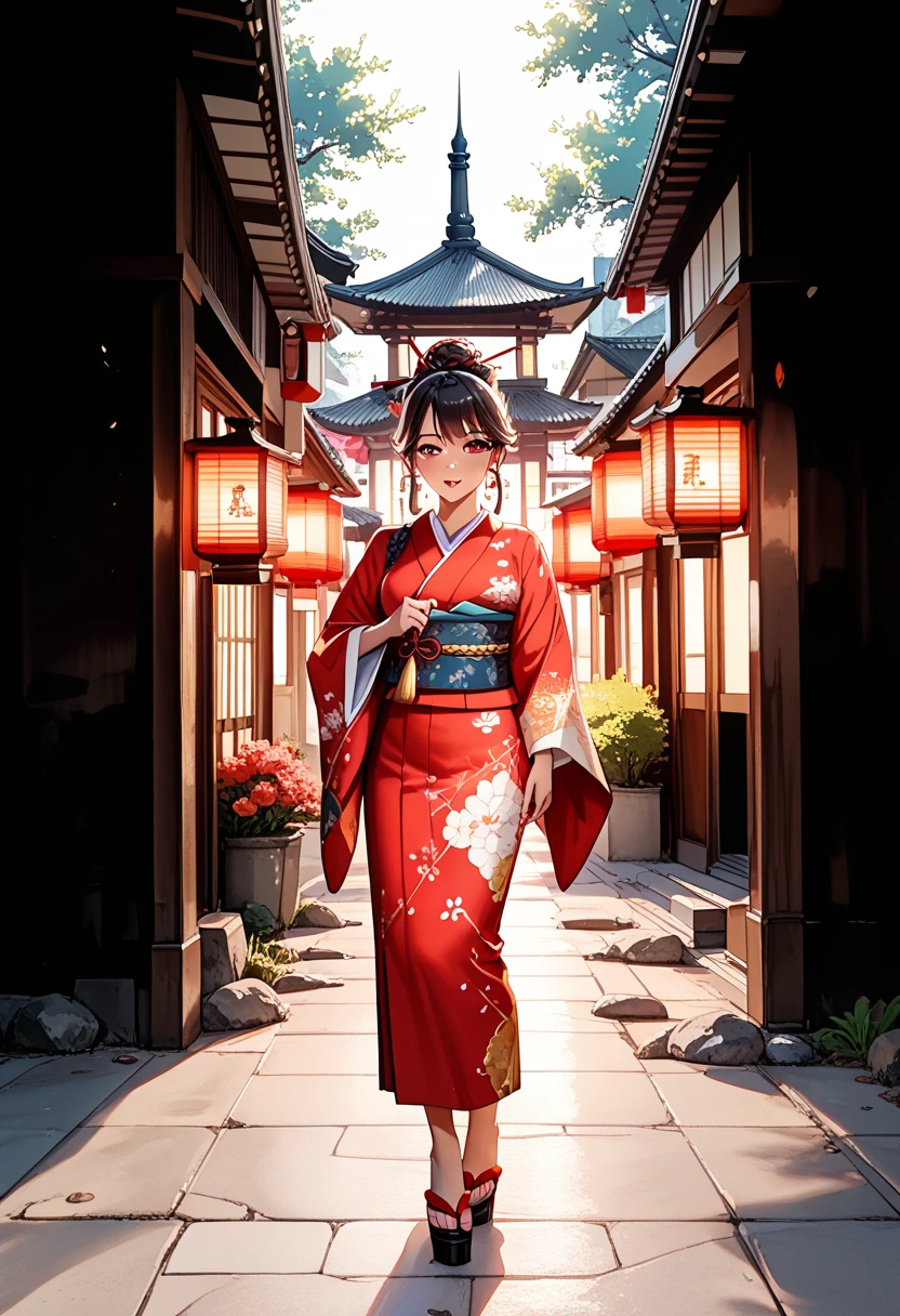 Woman wearing a traditional blue and orange floral kimono with red obi, adorned with a decorative gold belt buckle. Her hairstyle is an elegant updo, accessorized with a large red flower and tassel. She stands in an old Japanese street with traditional wooden buildings and red lanterns, with a pagoda tower visible in the background. The lighting is natural, casting soft shadows on the ground, creating a warm and cultural atmosphere.masterpiece,best quality,amazing quality,4K,8K