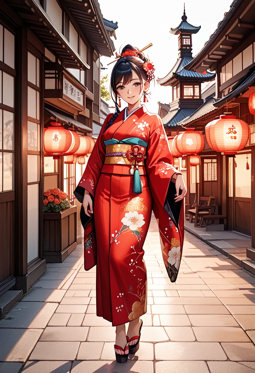 Woman wearing a traditional blue and orange floral kimono with red obi, adorned with a decorative gold belt buckle. Her hairstyle is an elegant updo, accessorized with a large red flower and tassel. She stands in an old Japanese street with traditional wooden buildings and red lanterns, with a pagoda tower visible in the background. The lighting is natural, casting soft shadows on the ground, creating a warm and cultural atmosphere.masterpiece,best quality,amazing quality,4K,8K