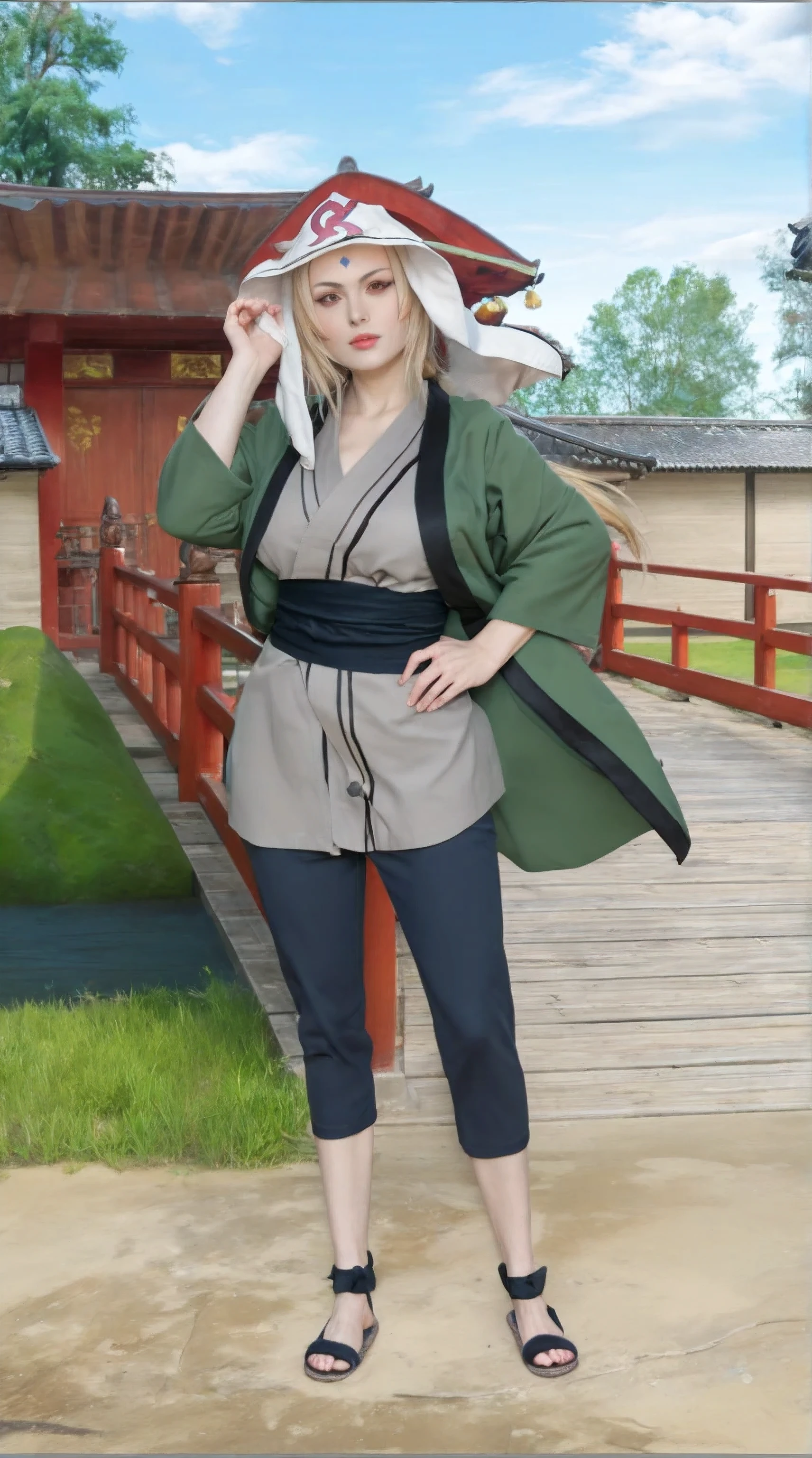score_9, score_8_up, score_7_up, source_anime, detailed, wallpaper, beautiful details, tsunade from naruto shippuden, 1girl, asian, girl focus, looking at viewer, blonde hair, realistic hair, brown eyes, green with black list robe, grey short kimono, black pants, black fabric belt, using black slippers, red and white hat with kanji symbol, japanese traditional, standing, realistic