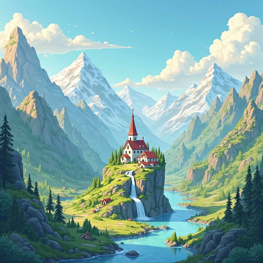 Here、detailed for your images There's a prompt。「a breathtaking cartoon-style mountainous landscape、It has realistic texture and ultra-high resolution details。The scene includes、towering snow-capped mountains々、Lush valleys、and there are clear rivers meandering through the terrain。The lighting is soft and warm、give the rocky cliffs a golden glow。the sky is bright blue、fluffy white clouds gently drift through the terrain。small huts and pine trees scattered all over the place、add charm and depth。the overall style is、rendered in super 4K and 8K quality、combines realism with a whimsical cartoonish aesthetic。」floating islands in the center、and churches and houses on floating islands々There are green mountains、forest、There are trees, and the river flows down into a waterfall and falls into a river in the earth