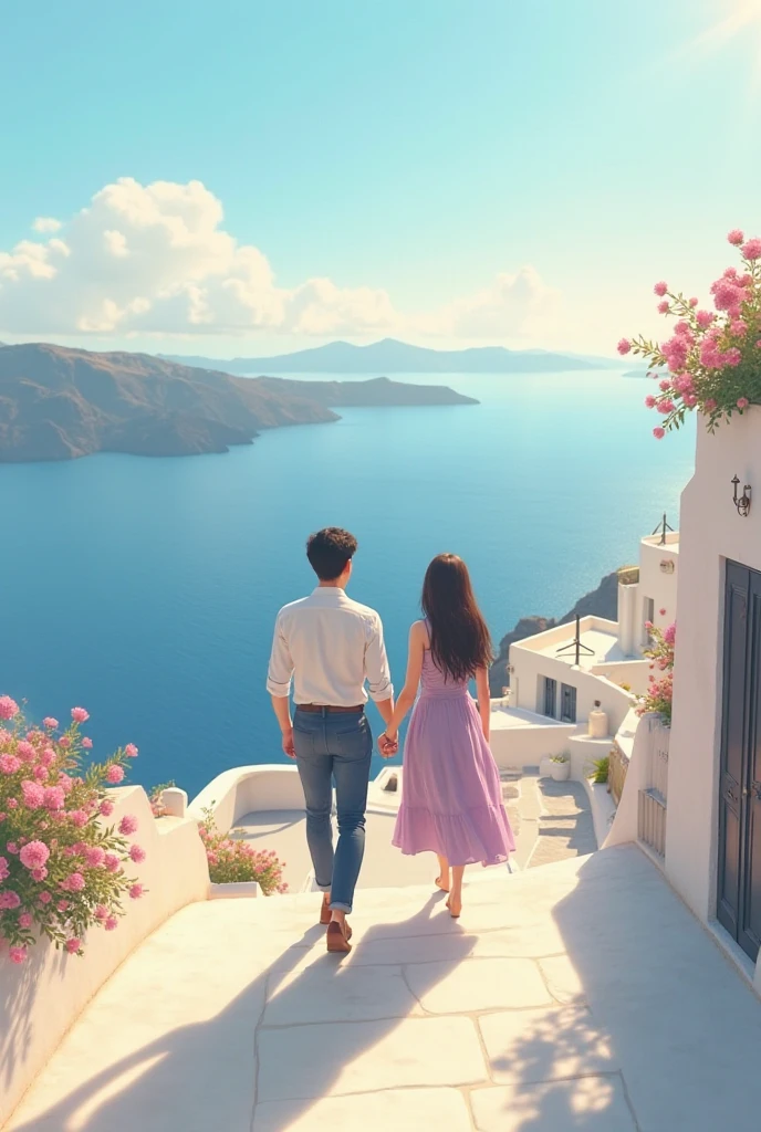 Santorini, two people seen from behind with a view of the sea, a girl with long hair wearing an off-shoulder dress, a tall boy with slightly long black hair wearing a white shirt, his face is not visible
