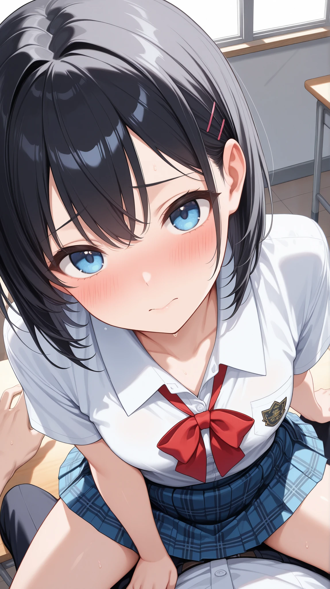 Score_9, Score_8_up, Score_7_up, Score_6_up, Score_5_up, Score_4_up, Tag1, Tag2, Quality_masterpiece, Absurd res, Anatomically correct, Beautiful face, Perfect face, School girl, black hair, Highly detailed beautiful face and eyes, Attractive face, Detailed face, Delicate facial features, Detailed skin, white panty, embarrassed, School uniform, Plaid skirt, Classroom BREAK Solo focus, High-angle view, Close-up, POV Crotch, (POV Hands:1.5), sitting position, Duo, male, Older male, Hetero, Sexually suggestive, Implied sex, slightly opened mouth,