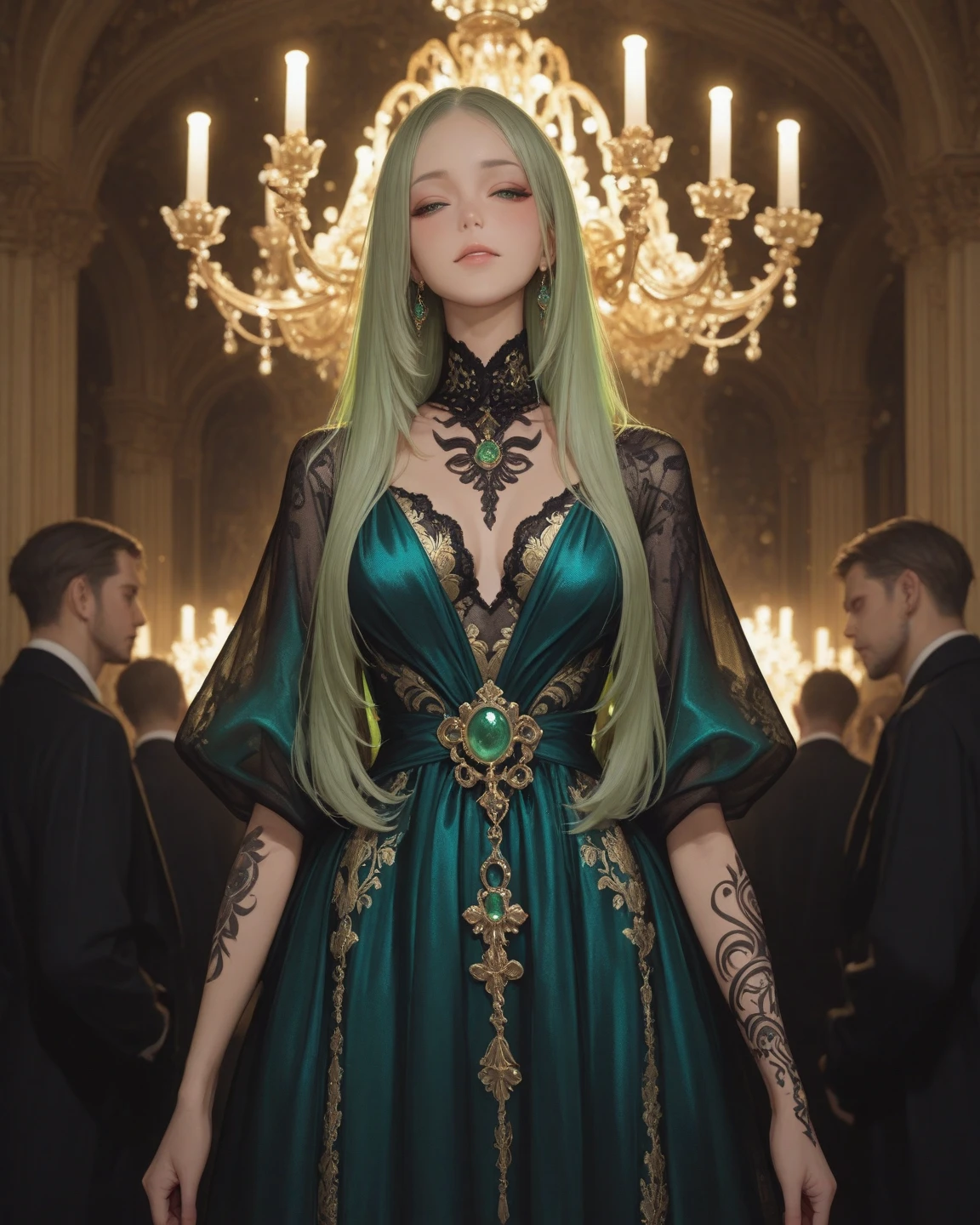 (masterpiece, best quality, ultra-detailed, high resolution, cinematic lighting), an exotic and regal woman in a golden embroidered dress with flowing sheer fabrics. Her long deep emerald green hair is adorned with golden hairpieces and chains. She stands beneath a grand chandelier, surrounded by warm glowing lights. Her expression is calm, her posture elegant. Abstract black tattoos curve down one arm and along her neck like jewelry.