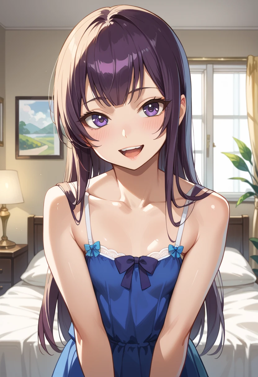 ((top quality)), ((masterpiece)), (be familiar with), perfect face, indoor, bedroom, Watching Viewers,
One woman, Saeko Tokushima,
open mouth, ecstatic expression, blush, smile,
small , flat chest, Young girl, lori, ren, girl,
long hair, long hair,
opening,