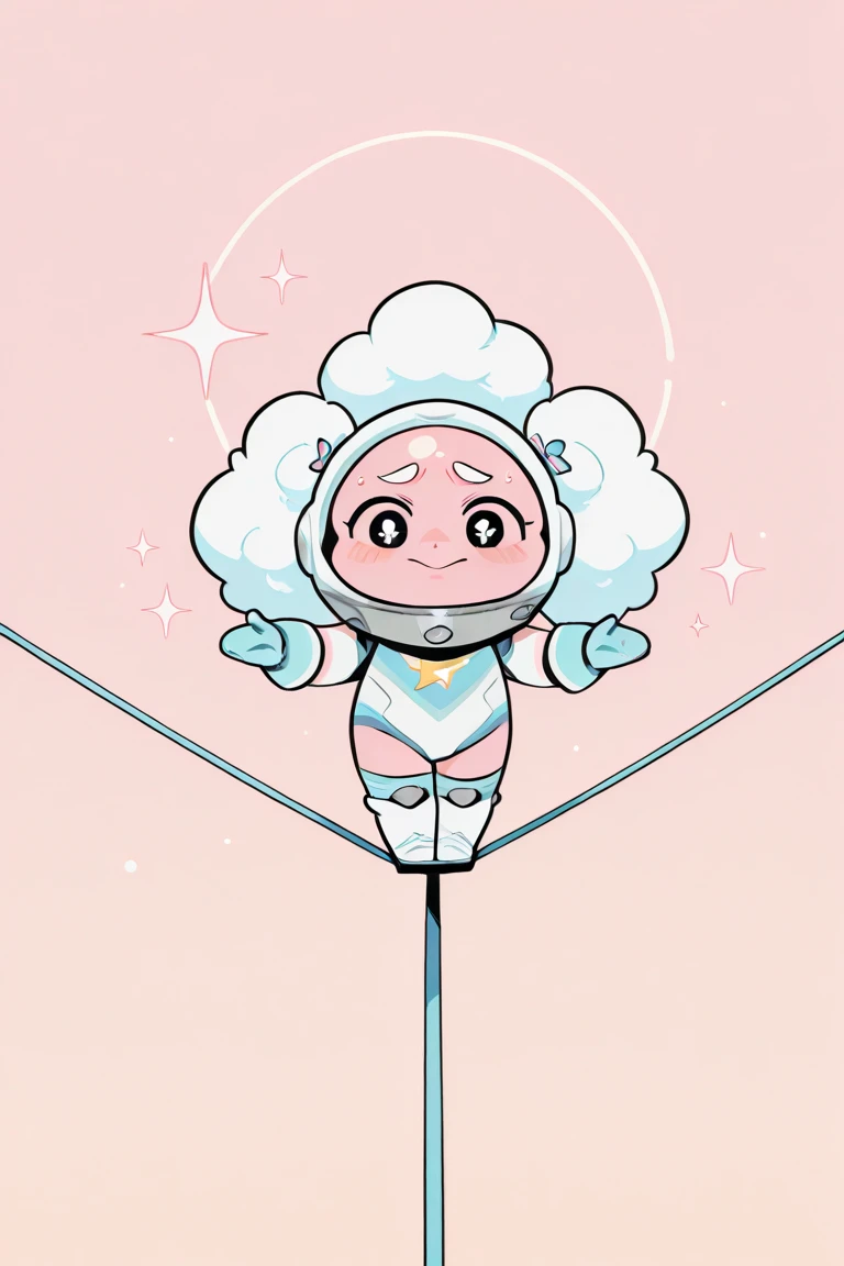 Chibi-style art: A tiny astronaut and a blushing nervous character (both with oversized heads) balancing on a tightrope labeled ‘Stress Resistance’. Cute clouds with frowny faces throw rocks at them. Soft pastel colors, sparkles, round shapes, kawaii aesthetic. tiny cheering squad of robots and animals