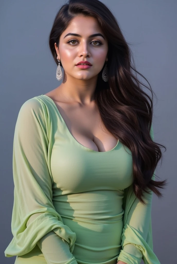 anusha bhatia in green dress posing for the camera, cleavage, gorgeous figure, very beautiful enga style, sensuous, gorgeous face and figure, beautiful figure, very attractive and beautiful, indian goddess, curvaceous. detailed expression, very very beautiful woman, attractive feminine curves, gorgeous beautiful woman, attractive neck, beautiful feminine body, sexy girl with dark complexion