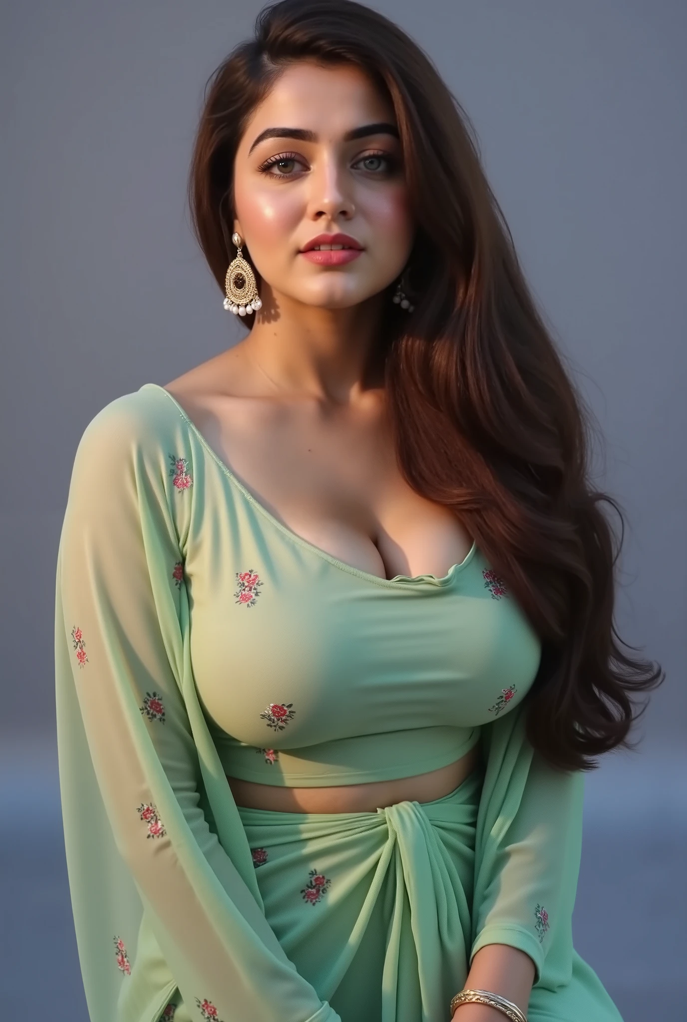 Big girls big body no outfit only body Hot and sexy woman, gigantic breasts, cleavage, wore stylish and design hot and sexy yellow and 3pink colour saree (printed Design), standing in laboratory (afternoon time), standing & model pose, beautiful body, masterpiece, ultra realistic,detailed, 16 k , Film type light, potrait photography,camera angle front, looking at viewer,(cinematic:1.3), intricate details, (ArtStation:1.2)