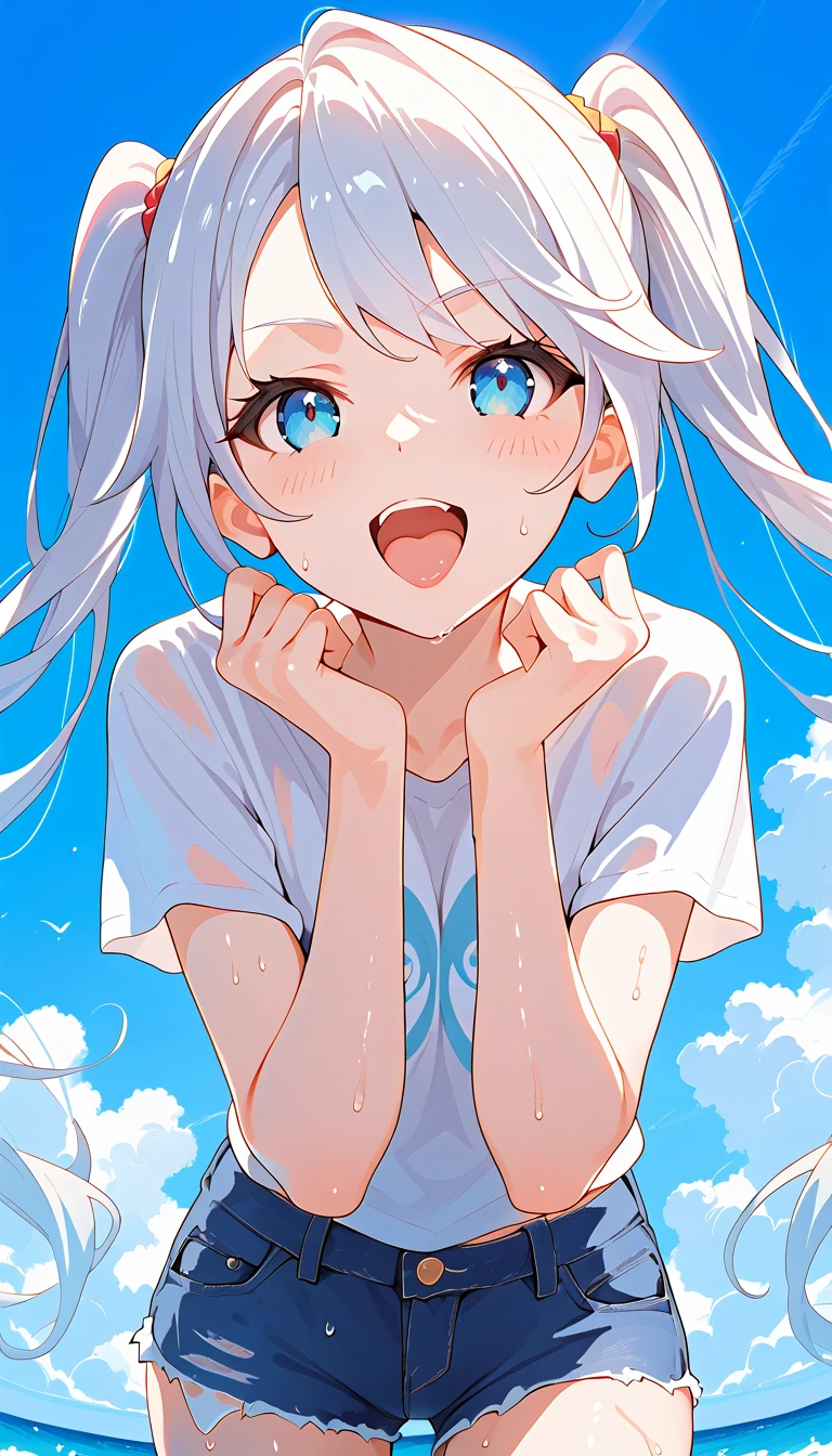 upper body, best quality, super fine, 16k, incredibly absurdres, extremely detailed, cute round-faced beauty, dazzling expression in the sunlight, excited look, half-open mouth, stretch your arms up, leaning against a wall, background iridescent white plaster walls