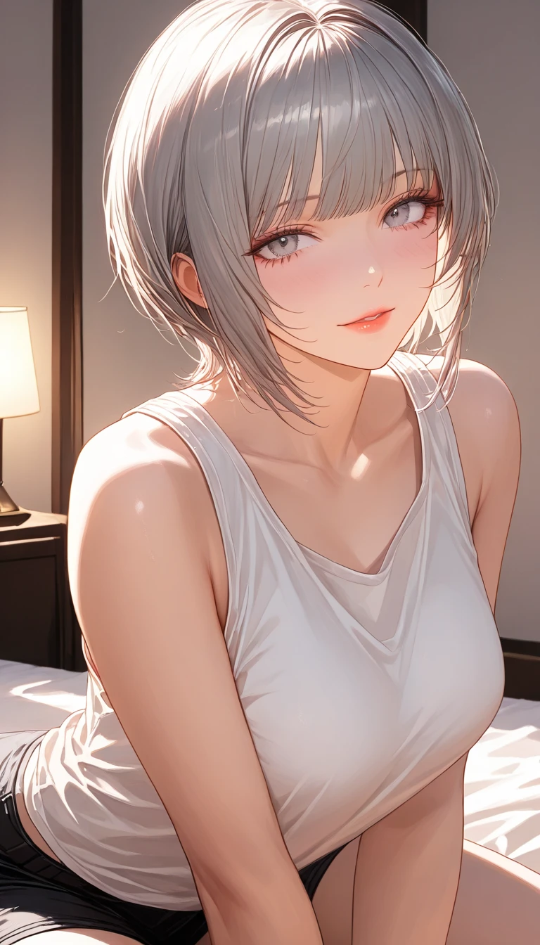 ((masterpiece, best quality, ultra-detailed, high resolution, extremely detailed CG, super detailed, Beautiful human body modeling, Most beautiful clean lighting)), 1 girl, 16 years old beautiful girl, cute girl and idol face, smile, short and bob cut hair, shiny silver hair, blunt bang, antenna hair, beautiful green, eyes, white skin, short body, completely nude, bedroom