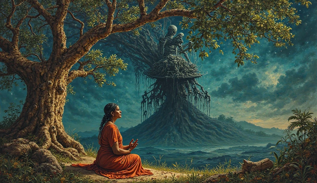 *"A haunting Tanjore-style painting revealing the midwife's terrifying vision. The canvas splits between realms - her physical form remains in meditative stillness under the banyan tree, while her third eye projects a colossal shadow figure looming over Annamalai mountain. This cosmic entity's form churns with unborn souls, its multiple arms clutching broken umbilical cords that bleed shadowy tendrils across the night sky.*"  

**Key Details:**  
1. **The Dread Vision:**  
   - Towering dark figure composed of lost birth wails  
   - Annamalai peak distorted into a giant cradle of bones  
   - 108 broken thalis (wedding lockets) orbiting its head  

2. **Midwife's Duality:**  
   - Physical body trembling yet maintaining mudra  
   - Third eye forced open unnaturally wide  
   - Medicinal herbs around her wilting to black ash  

3. **Symbolic Omens:**  
   - Village women's shadows being drawn upward  
   - The husband's scream visible as a frozen soundwave  
   - Newborn spirits forming a protective chain  

**Art Style:**  
- Kerala mural dynamism in the horror  
- Gold leaf ONLY on:  
  - The husband's scream  
  - Broken thali fragments  
  - Spirit chain  
- Hyper-realistic textures of dread  

**Lighting:**  
- Sickly green on the entity  
- Flickering gold on protective elements  
- The midwife caught between both  