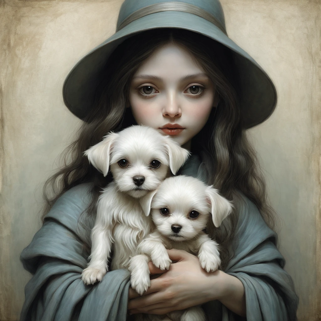 Painting of a doll holding a little Maltese puppy, brian froud, juan gimenez, anton semenov, style of emil melmoth, jean baptiste monge, brian froud style, Alex V. Dolgikh,Mark RYDEN style ARTGERM