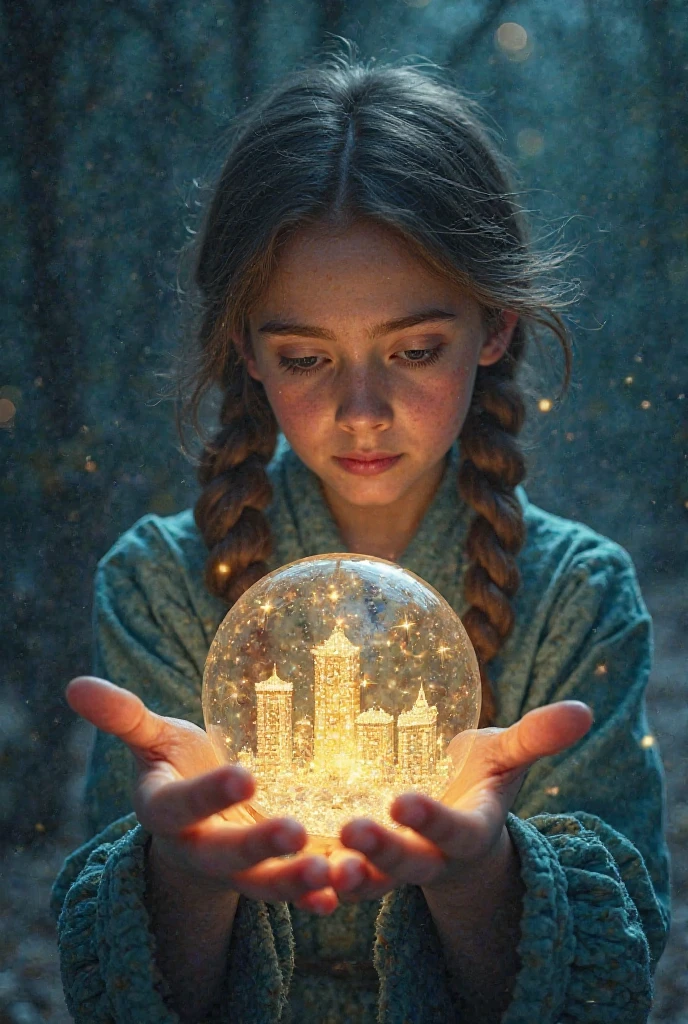 Child in hooded coat with shiny ball in hand