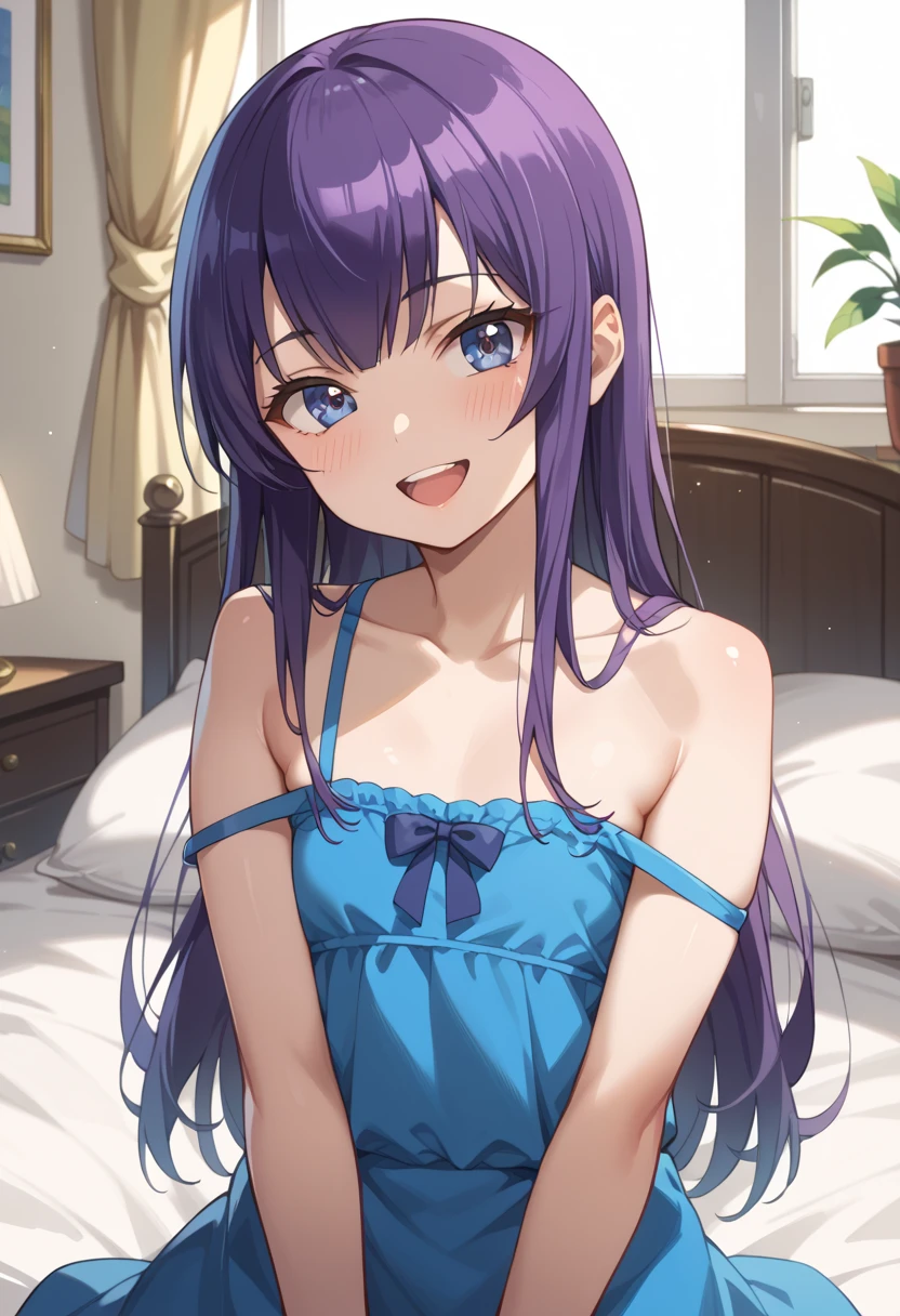 ((top quality)), ((masterpiece)), (be familiar with), perfect face, indoor, bedroom, Watching Viewers,
One woman, Saeko Tokushima,
open mouth, ecstatic expression, blush, smile,
small , flat chest, Young girl, lori, ren, girl,
long hair, long hair,
opening,