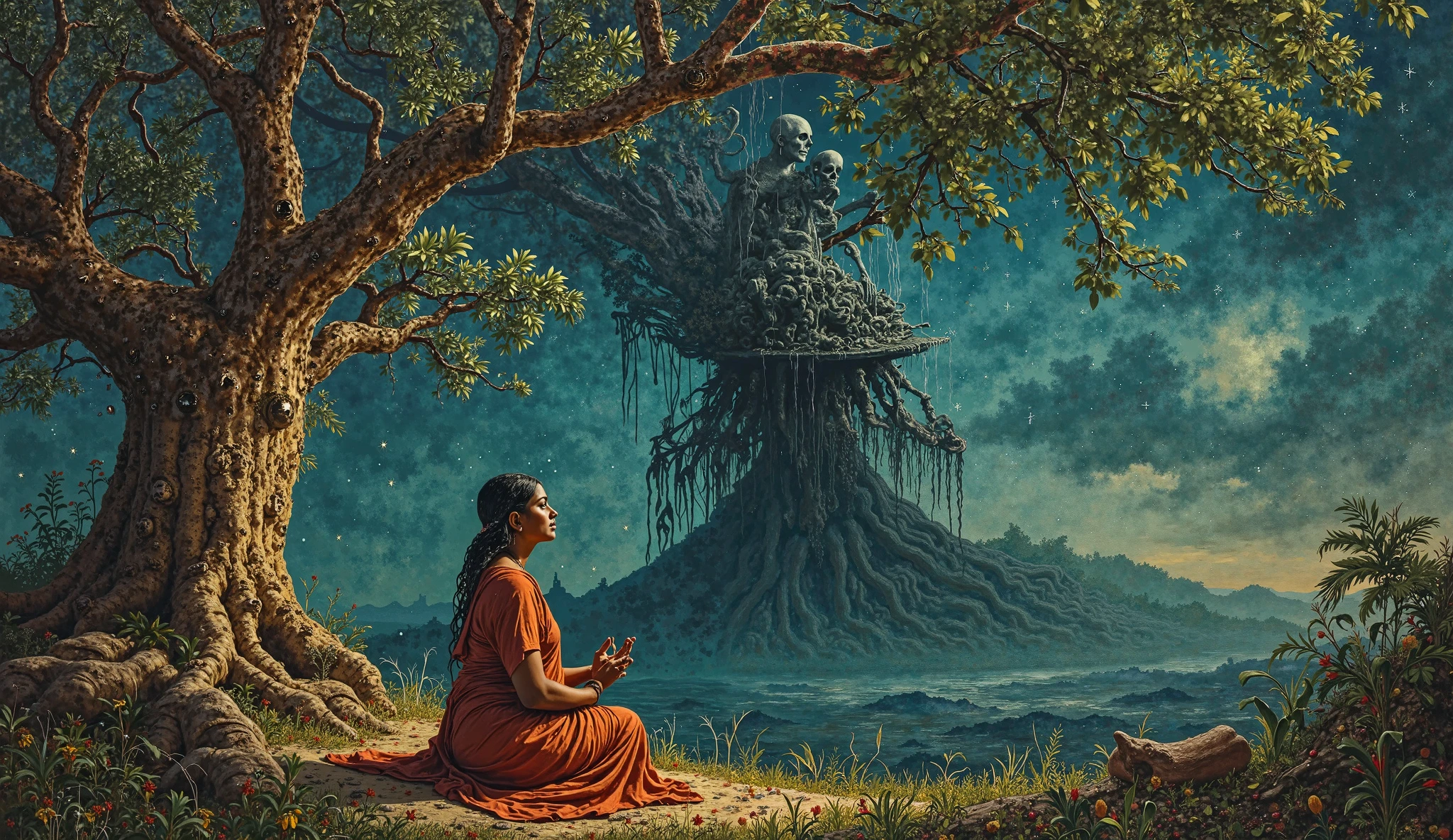 *"A haunting Tanjore-style painting revealing the midwife's terrifying vision. The canvas splits between realms - her physical form remains in meditative stillness under the banyan tree, while her third eye projects a colossal shadow figure looming over Annamalai mountain. This cosmic entity's form churns with unborn souls, its multiple arms clutching broken umbilical cords that bleed shadowy tendrils across the night sky.*"  

**Key Details:**  
1. **The Dread Vision:**  
   - Towering dark figure composed of lost birth wails  
   - Annamalai peak distorted into a giant cradle of bones  
   - 108 broken thalis (wedding lockets) orbiting its head  

2. **Midwife's Duality:**  
   - Physical body trembling yet maintaining mudra  
   - Third eye forced open unnaturally wide  
   - Medicinal herbs around her wilting to black ash  

3. **Symbolic Omens:**  
   - Village women's shadows being drawn upward  
   - The husband's scream visible as a frozen soundwave  
   - Newborn spirits forming a protective chain  

**Art Style:**  
- Kerala mural dynamism in the horror  
- Gold leaf ONLY on:  
  - The husband's scream  
  - Broken thali fragments  
  - Spirit chain  
- Hyper-realistic textures of dread  

**Lighting:**  
- Sickly green on the entity  
- Flickering gold on protective elements  
- The midwife caught between both  
