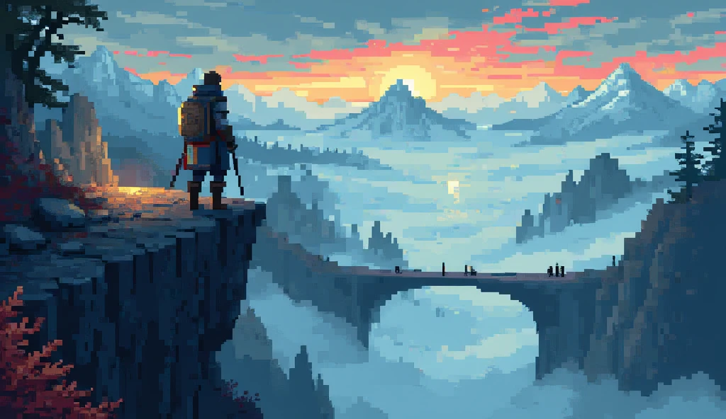 A lone traveler, cloaked in heavy furs, stands upon the crumbling edge of a shattered bridge suspended high above an endless mist-filled void. Their shield, etched with ancient runes, hangs at their back, and a glowing sword rests loosely at their side, its blade faintly pulsing in rhythm with the winds howling across the abyss. Far in the distance, scattered across the endless horizon, faint but magnificent visions of the Nine Realms shimmer through the swirling mists — Alfheim’s ethereal glowing forests, Jotunheim’s towering frozen peaks, Muspelheim’s burning rivers of fire, Vanaheim’s wild tangled woods, and the golden skyline of Asgard itself shining like a distant star. Below, darker shadows hint at Helheim’s cold forgotten halls, while to the side, the endless seas of Midgard stretch quietly into the unknown. Wisps of the broken Bifrost arch through the mist, flickering with fractured rainbows that barely hold form. Beneath the Traveler’s feet, ancient stones carved with fading rune scripts glow gently, their light pushed back by the creeping mist. The atmosphere is immense, sacred, and charged with destiny — the world is both dying and infinite. The art style is richly detailed 16-bit pixel RPG, with layered mists, sharp realm silhouettes, and deep contrasting lights: icy blues, soft golds, distant reds, and ghostly greens. Tonight, the Traveler gazes out over the whole weave of existence — standing alone where gods once walked, and where only courage can guide the next step.
