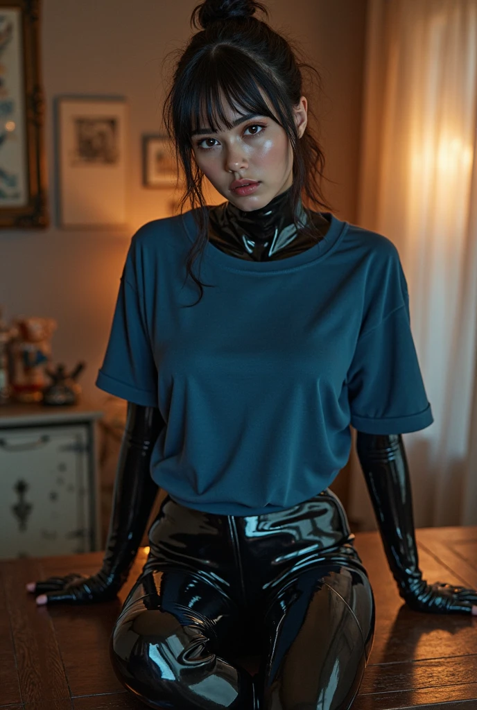 (Woman 35 years with bright ponytail black hair)(Best quality, A high resolution, Vivid colors, (bettie Page look), Forged hammer pattern,belly-bar,Sweatshirt,Safety pants,oguchi,sedate,massiness,Shiny and warm,Flowing silk cape, sex penetration between the legs, eyes closed screaming of pleausure
