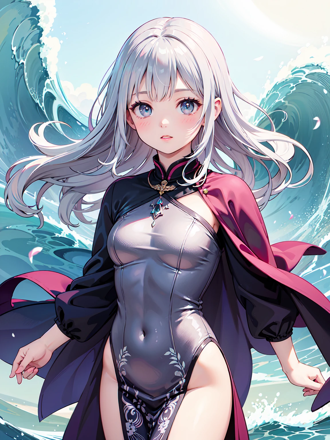 hina from blue archive, succubus, ((wet tight cute military swimsuit, demon style crown, stylish military cape, stocking, silver necklace)), ((cute perfect body shape, small breast, cold and serious aura, seducing and wind effect, detailed snow white skin, purple pupil)), best quality anime 4k wallpaper quality, extreme eye and body detail, high resolution , masterpieces