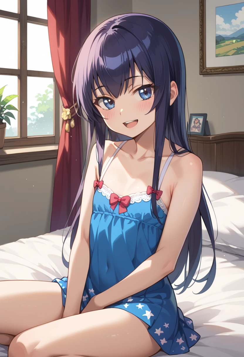 ((top quality)), ((masterpiece)), (be familiar with), perfect face, indoor, bedroom, Watching Viewers,
One woman, Saeko Tokushima,
open mouth, ecstatic expression, blush, smile,
small , flat chest, Young girl, lori, ren, girl,
long hair, long hair,
opening,