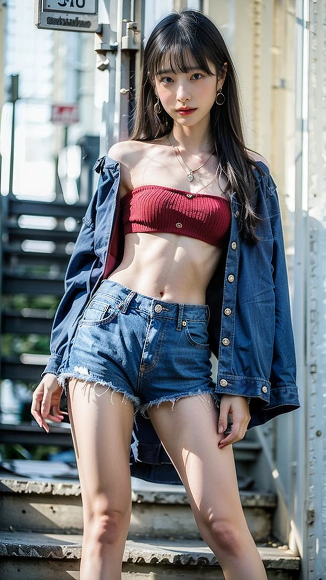 1girl, black hair, city, long hair, (28 years old), slender figure, gaze, european, streetwear, bellybutton, smooth skin, parted lips, full body, smile, looking at viewer, fashion