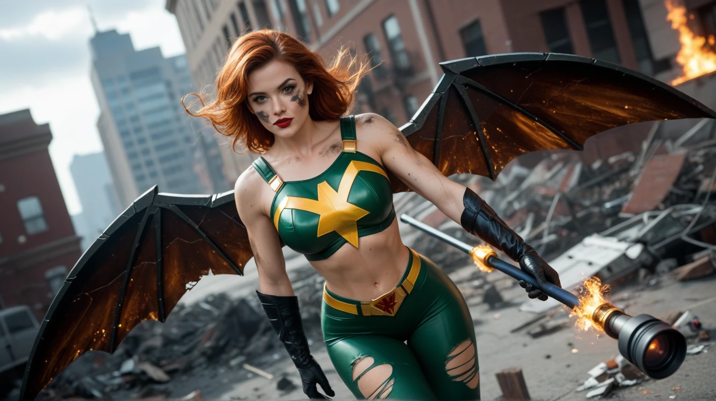 topless dragon woman with long green scaled tail, scaled wings, large breasts, long red hair, big eyes, white skin with a big open mouth smile wearing a short green leather skirt and high leather boots carrying a whip