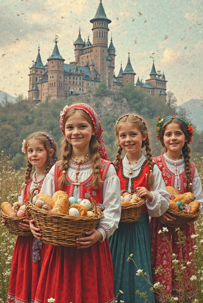 Russian style, children girl, portrait, long red hair of braids with hat, farmer style, with rolls of hay and wheat and horse, barns, birds.