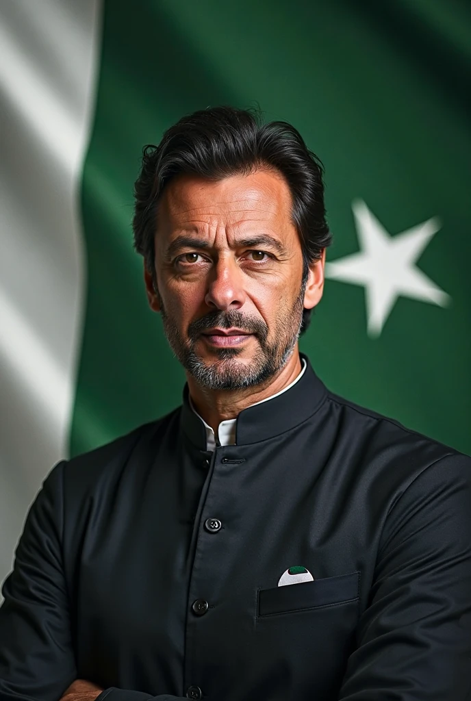 Picture of Imran Khan with Pakistan flag back ground