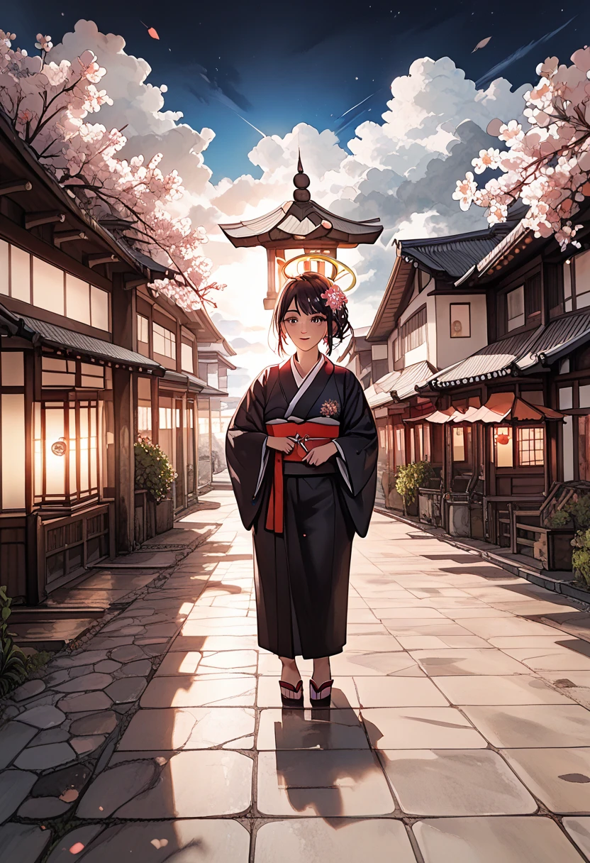 1girl,
solo focus, ArsMJStyle, Zen Ink Wash Sumi-e,Traditional kimono, up-do, flower hair ornament, traditional wooden building, red lanterns, old Japanese street, standing, five-story pagoda in the distance, blue sky, blurry, cloud, cloudy sky, depth of field, halo, mechanical halo, outdoors sky, casting soft shadows on the ground, creating a warm and cultured atmosphere. Masterpiece,Top Quality,Amazing Quality,4K,8K,masterpiece,best quality,amazing quality,