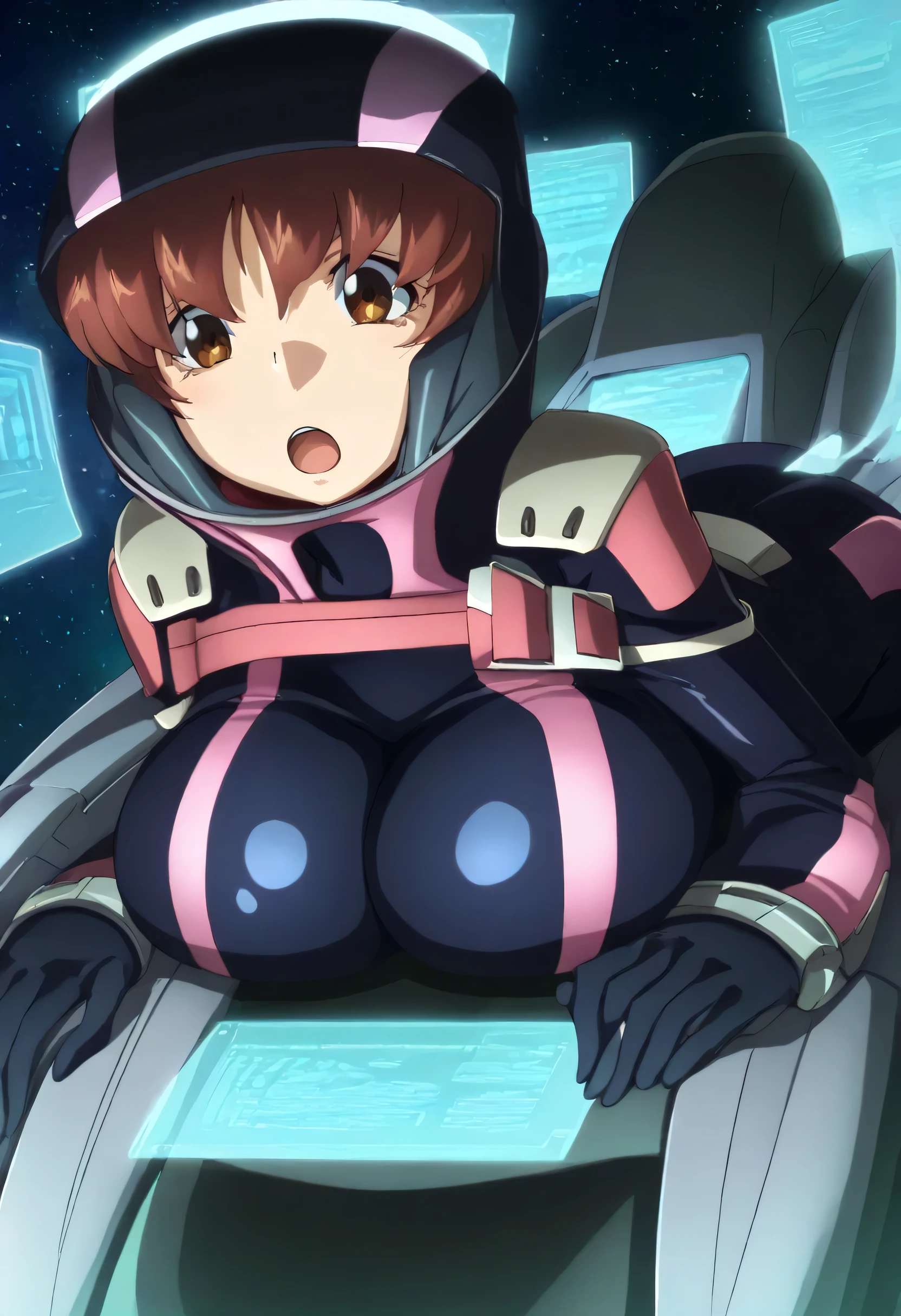 ((Female pilot in the cockpit of a reconnaissance plane), (airplane cockpit), (in flight), (10000 feet altitude)、(sky view):1.7),, short hair, street, emo, BLACK hair, white eyes, eyeliner, apocalypse, girl, nside the (cockpit:1.9) of a (futuristic spaceship:1.6), , blush,sitting on a chair, covered navel, space helmet, muvluv, space helm, plug suit , space helmet, eva helm, space suit, short hair, from side, blue bodysuit,ahegao, rolling eyes,saliva, drooling,