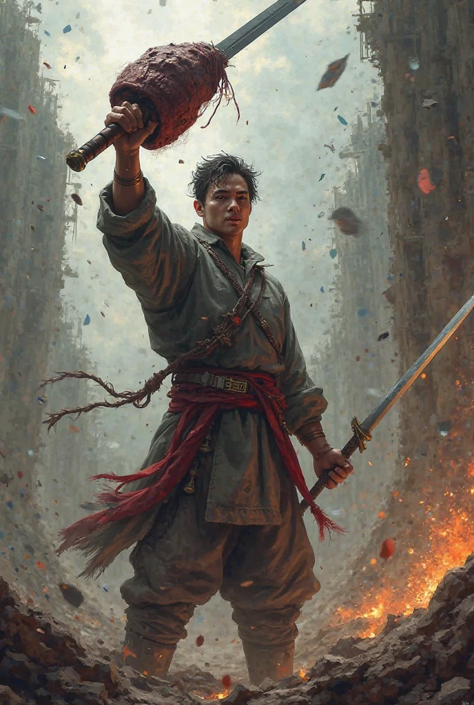 Now taking that image as a reference, Do the student having defeated him by cutting off his head and holding it in his hand 